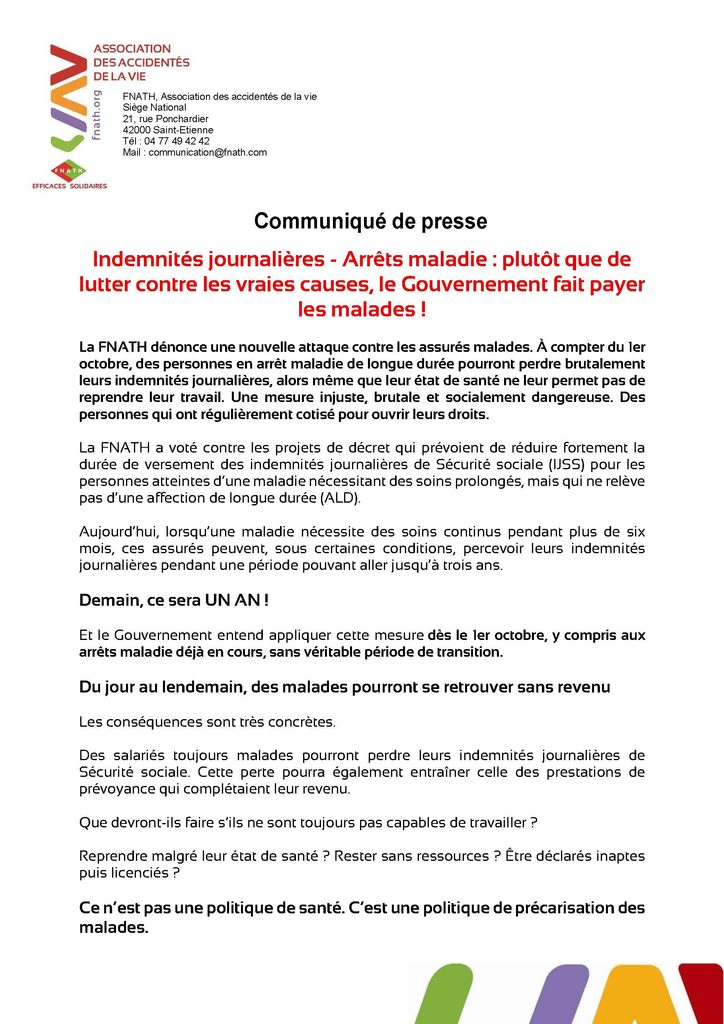 CP.2026.09.07.IJ Page 1 - Indemnités journalières et arrêts maladie : la FNATH dénonce une mesure qui fait payer les malades